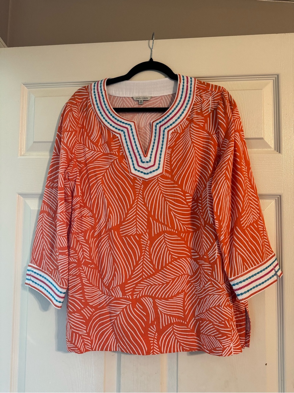 John Mark Orange and White Leaf-Print Tunic with Embroidered Neckline